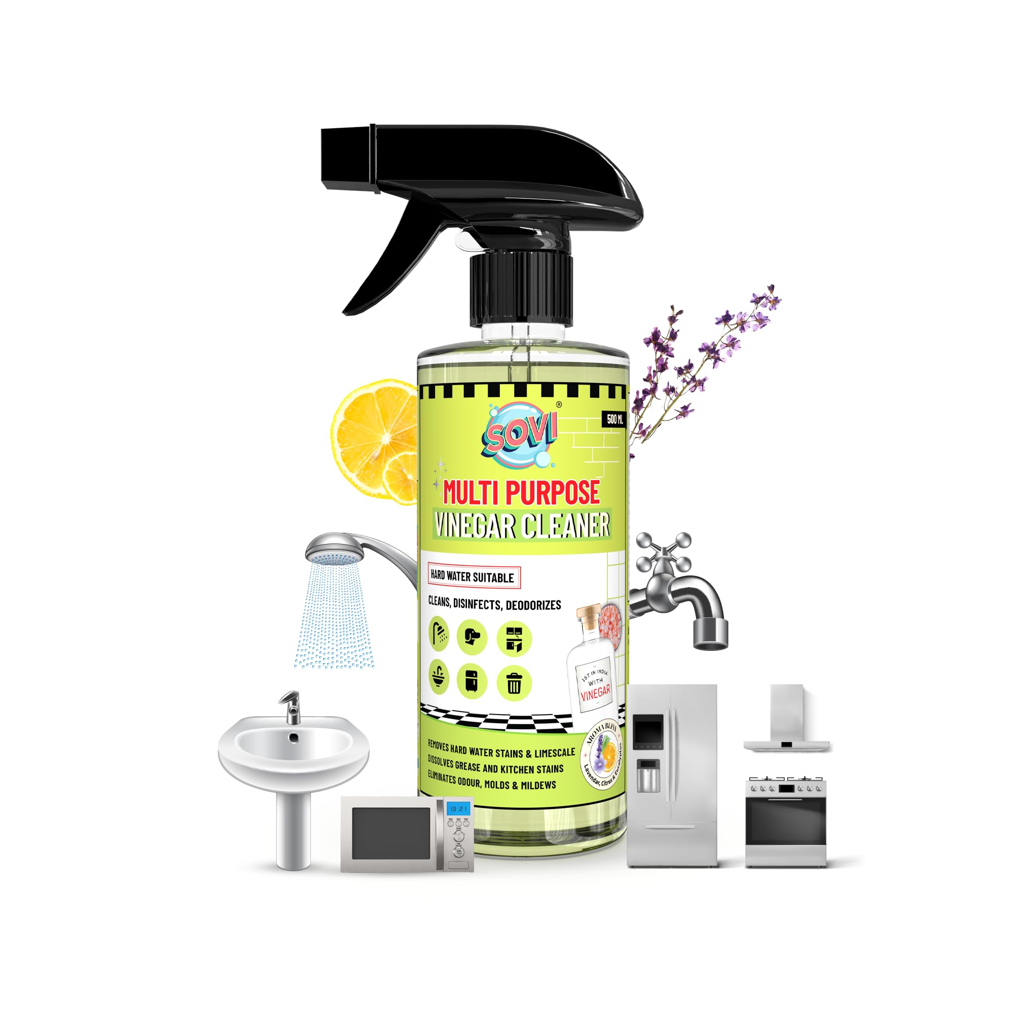 SOVI Multipurpose Vinegar Cleaner Spray - Lavender Fragrance | Hard Water & Limescale Remover, Kitchen & Bathroom Degreaser, Pet Odour Eliminator | Eco-Friendly Surface Cleaner 500ml (Pack of 1)