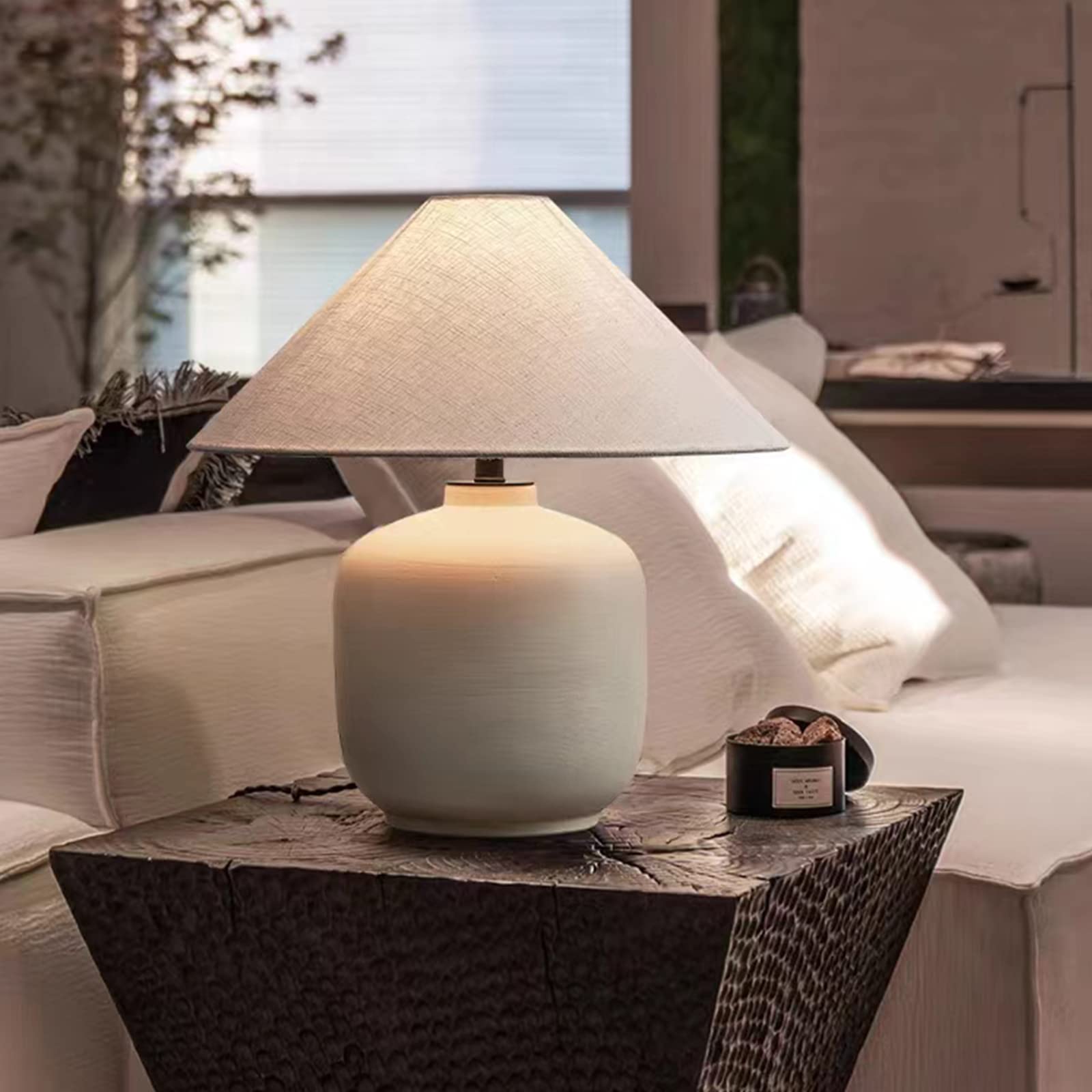 Farmhouse Ceramic Table Lamp - 18.8 Inch Black/White Rustic Bedside Lamp With Fabric Shade