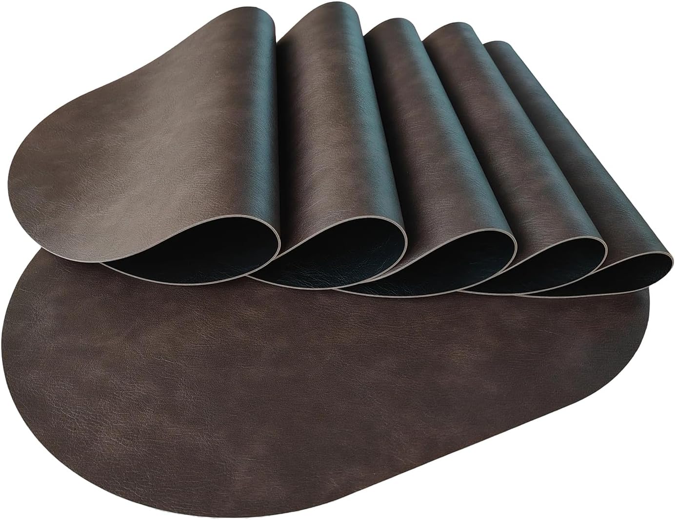 Oval Leather Placemats Set of 6 Washable,Heat Resistant Table Mats for Dining Table, Durable and Easy to Clean for Daily Use (Black Brown)