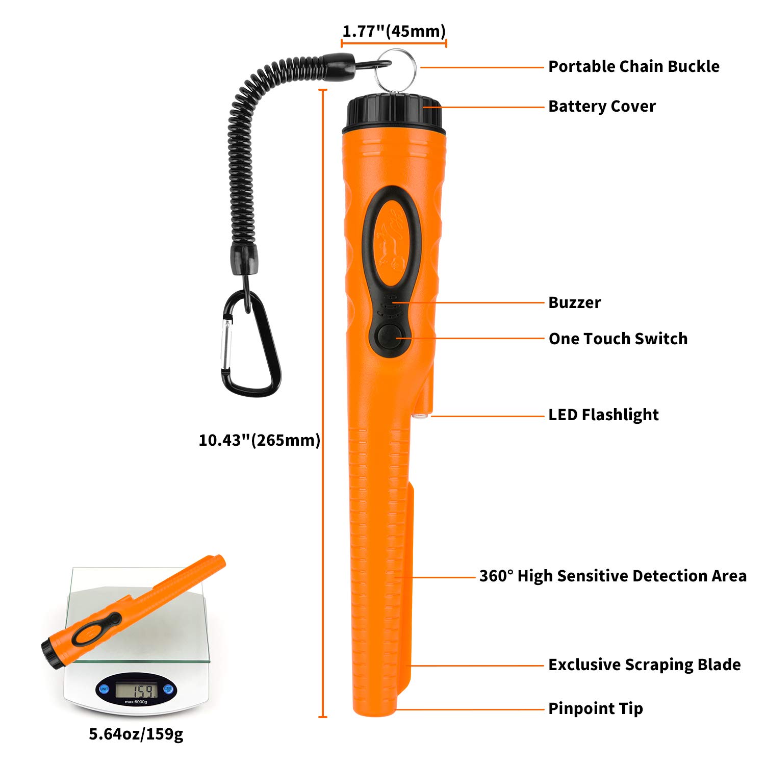 Fully Waterproof Portable Metal Detector Pinpointer Include a 9V Battery 360°Search Treasure Pinpointing Hunter Probe with Belt Holster for Adults and Kids Three Mode,Orange