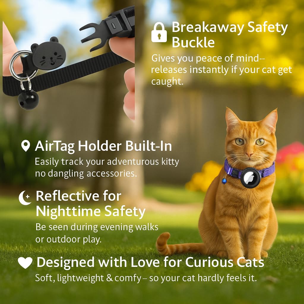 AirTag Katzenhalsband - Verstellbares Breakaway-Halsband mit reflektierendem Streifen & Glocke, sichere integrierte AirTag-Halterung - Leichtes, weiches Nylon für Kätzchen & Katzen (AirTag nicht im