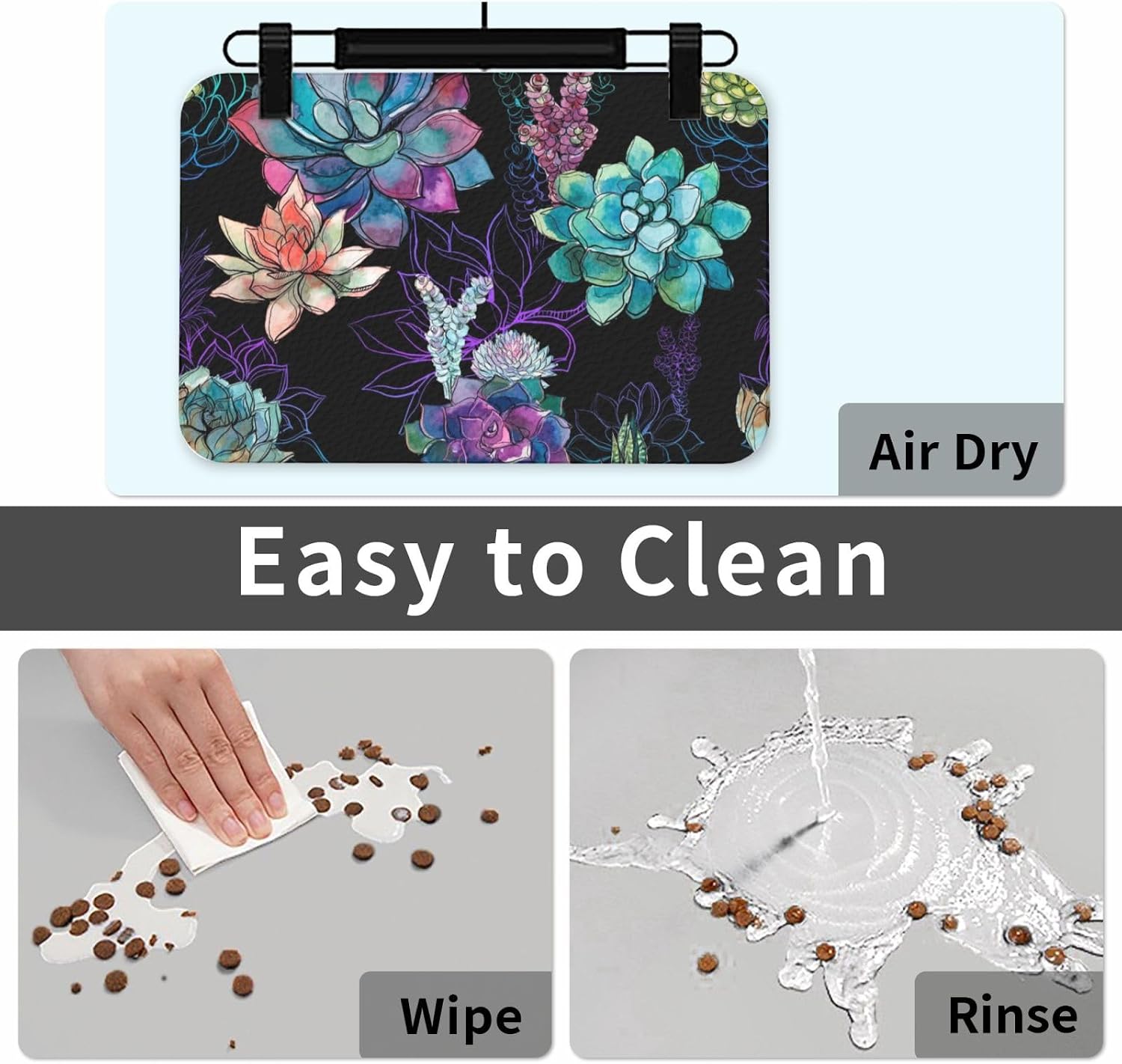 Colorful Succulents Pattern Leather Absorbent Pet Feeding Mat Non-Slip for Dogs Cats 40x60cm