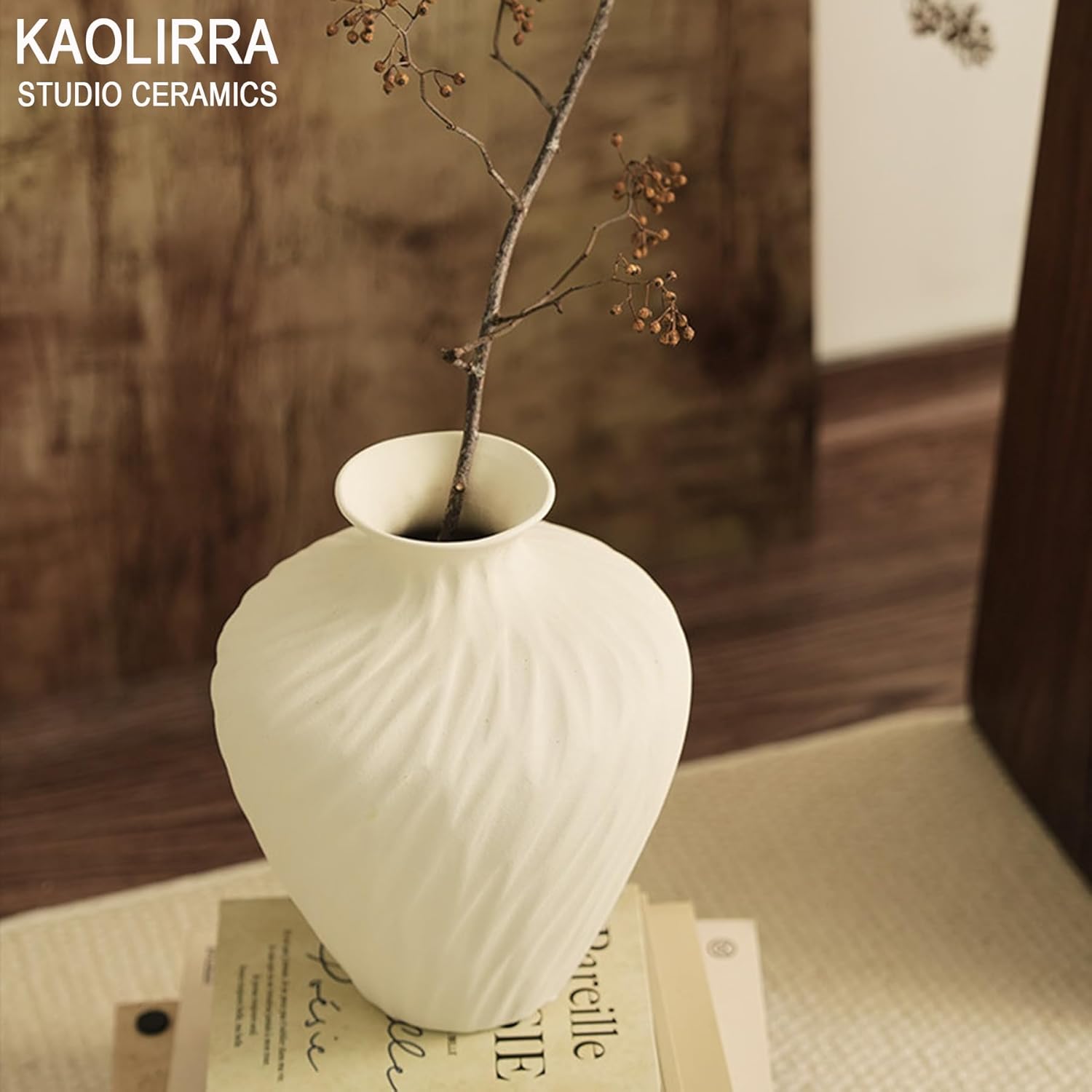 Ceramic Vase - 9.84 Inch Beige Flower Vase for Home Decor, Boho Farmhouse Minimalist Modern & Wabi Sabi Centerpiece with Textured Wave Pattern for for Living Room, Ideal Gift for Housewarming