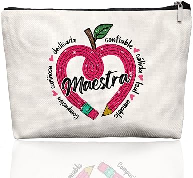 Retro Spanish Teacher Makeup Bag Make Up Bag, Maestra Teacher Gifts For Women,Regalo Para Maestra,Maestra Appreciation Gifts, white