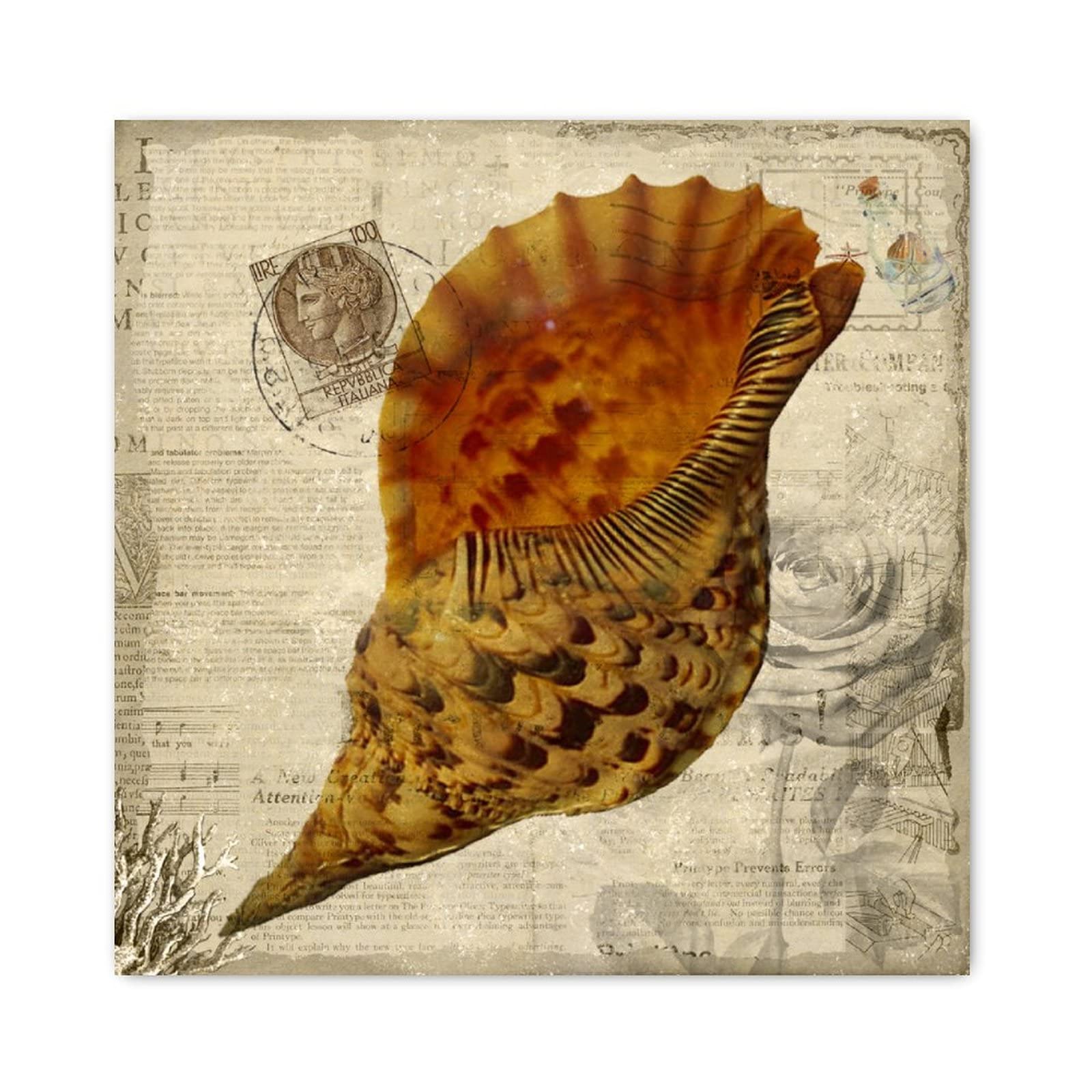Panneau en bois ancien imprimé floral avec conque marine vintage