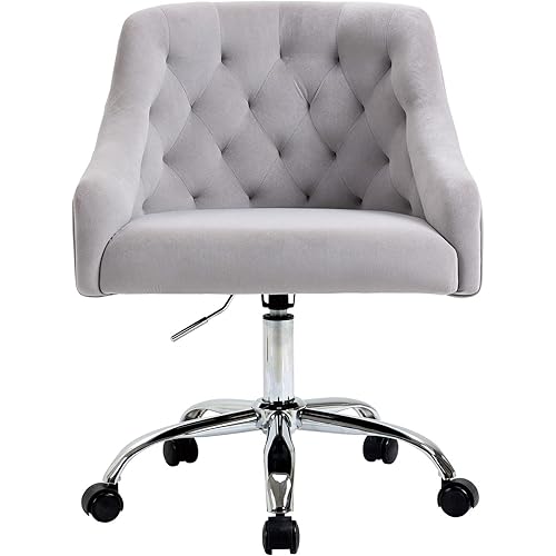 Goujxcy Desk Chair,Modern Velvet Fabric Office Chair,360° Swivel Height Adjustable Comfy Upholstered Tufted Accent Chair with Soft Thick Cushion, Grey