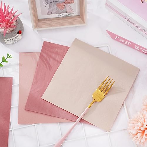 Miniatura 5 de Whaline Paquete de 150 servilletas de color rosa melocotón de 6.5 x 6.5 pulgadas, 3 colores, servilletas de papel desechables con temática rosa,