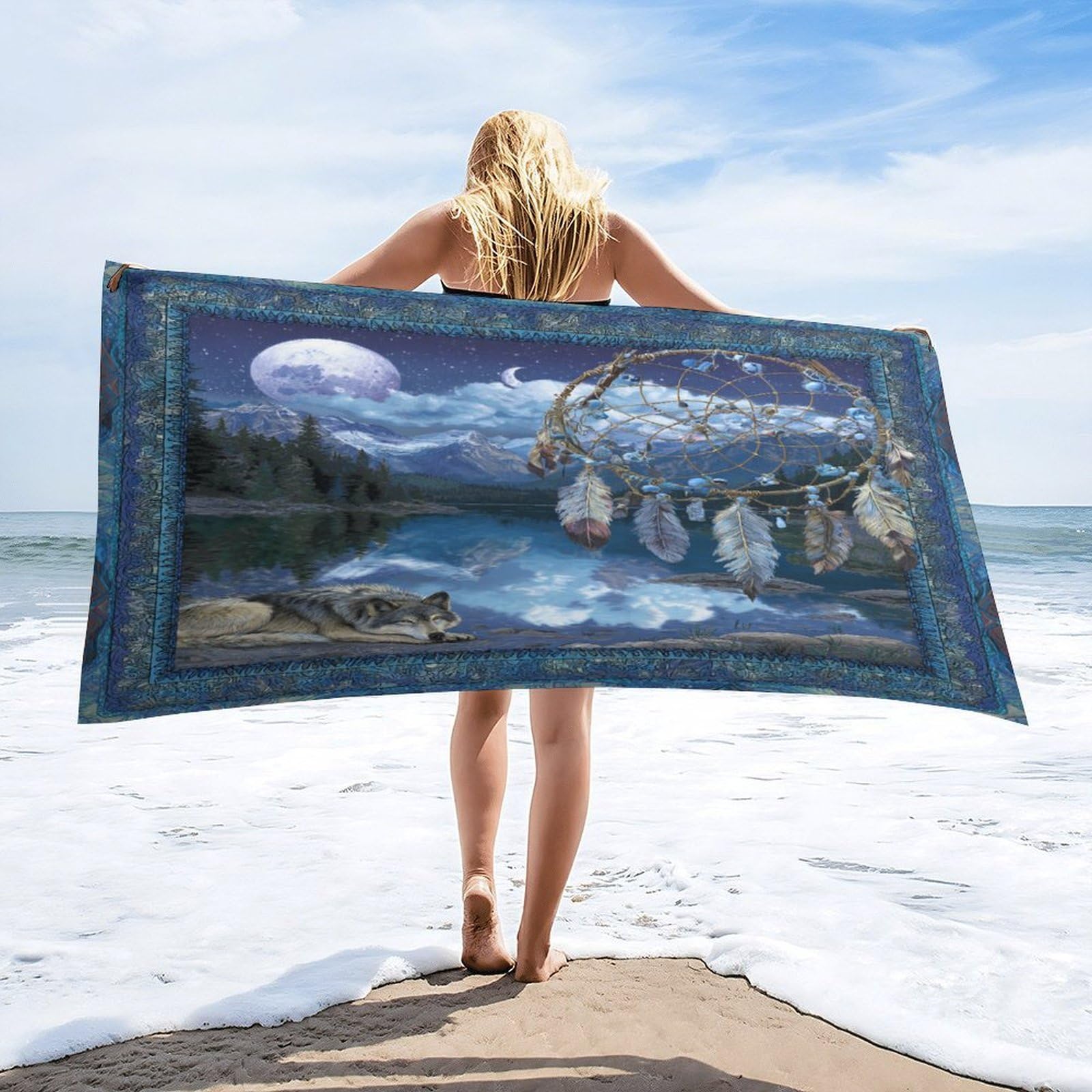 Luyysky Rustic Vintage Dreamcatcher Quick-Drying Beach Towel, Natural Abstract Full Moon Mountain Lake Landscape Animal Wolf Travel Vacation Single Sided Pile Bathroom Towels-80 W Cm X 160" L Cm