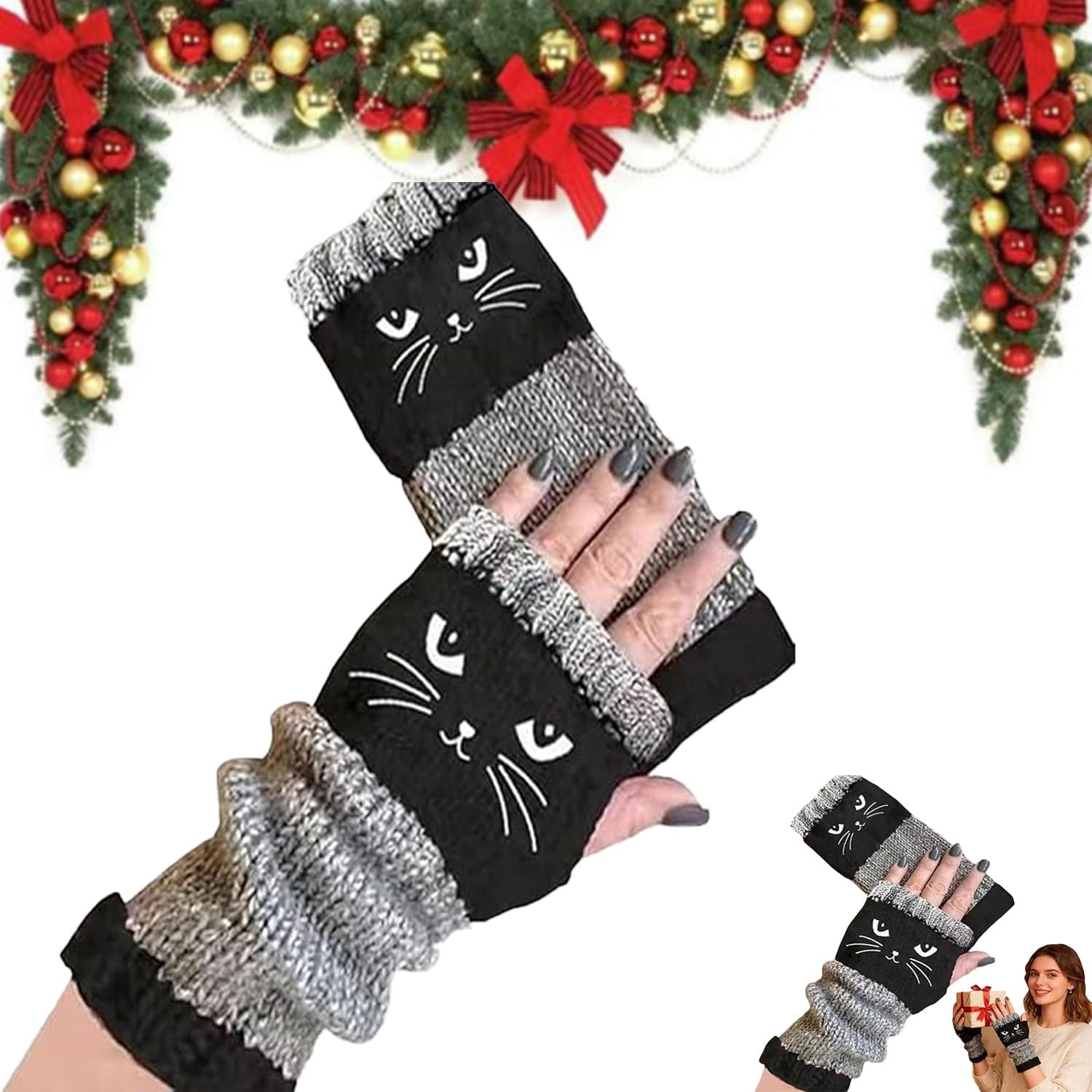 Knit Fingerless Gloves for Women, Cute Cat Embroidery Splicing Womens Knitted Glove, Warm Cozy Winter Vintage