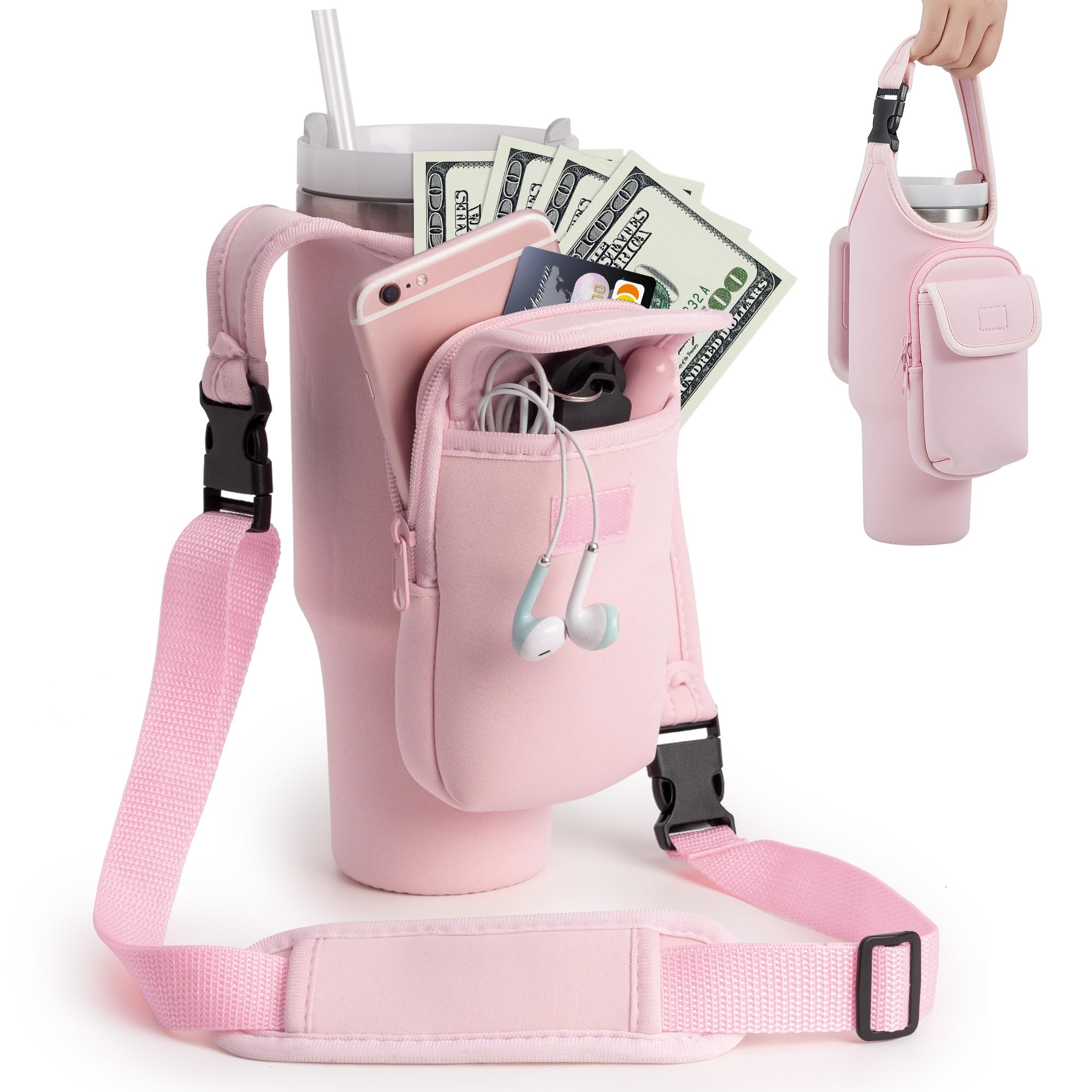 Bufilea Carrier Bag with Phone Holder Pockets for Stanley 40/30oz Tumbler with Handle, Insulated Neoprene Crossbody Bag Cup Holder w/Shoulder &