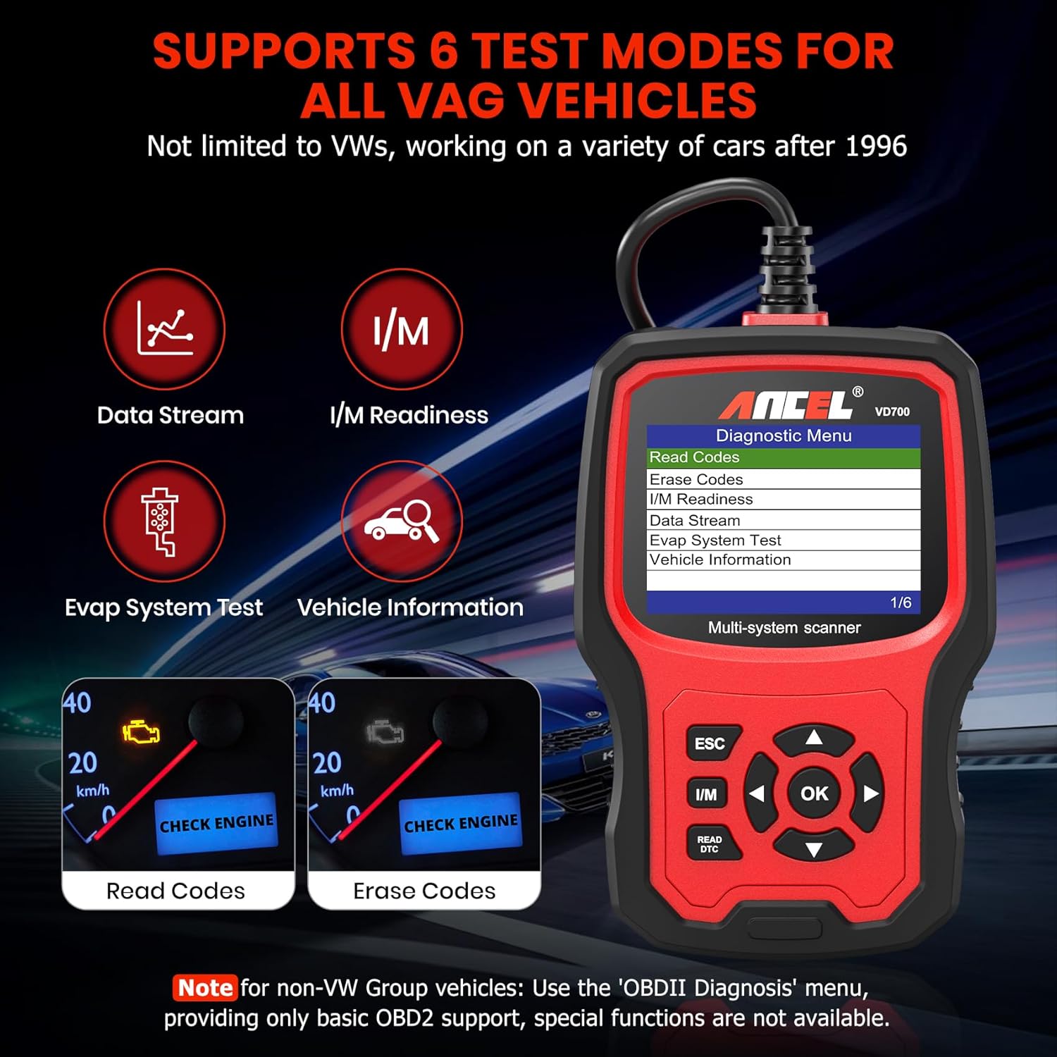 ANCEL VD700 OBD2 Diagnostic Code Reader Scan Tool Fit for Volkswagen Audi VW Skoda Seat, All Functions OBD11 Scanner for VAG Vehicles with Battery Registration EPB Reset (Upgraded VD500)