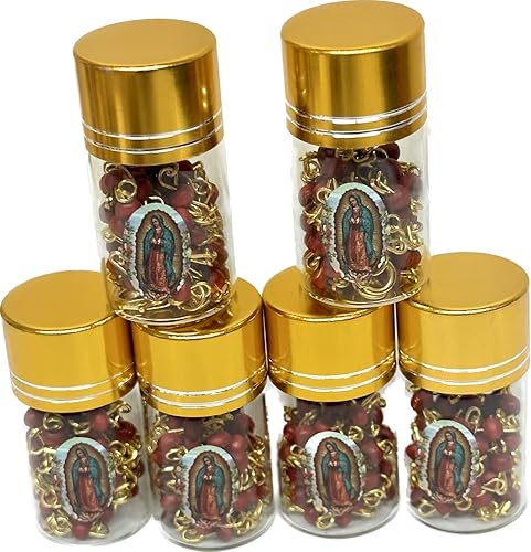 -12 piezas de rosario perfumado en frasco de vidrio con cuentas de rosario de plata católica crucifijo católico Virgen María, lote de 12 (rojo con