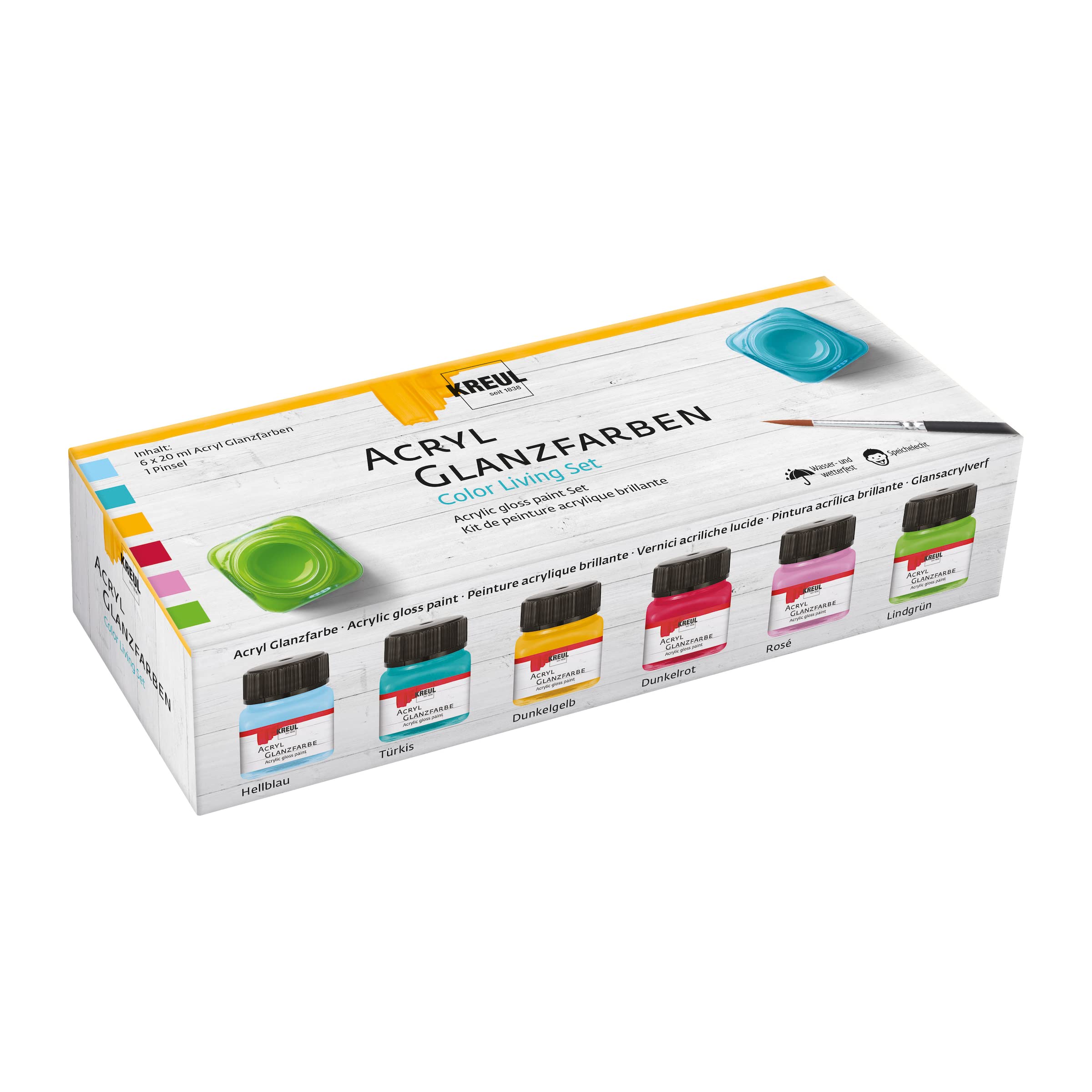 KREUL 79601 Acryl Glanzfarben Color Living – 6 x 20 ml + Pinsel