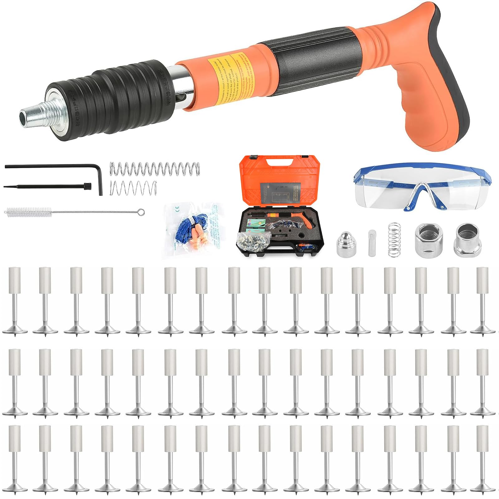 Pistola Sparachiodi con 110 chiodi rotondi, Pistola Manuale Sparachiodi, kit Pistola Sparachiodi per Calcestruzzo, Strumento manuale per Unghie in acciaio Regolabile a 5 velocità(arancio)