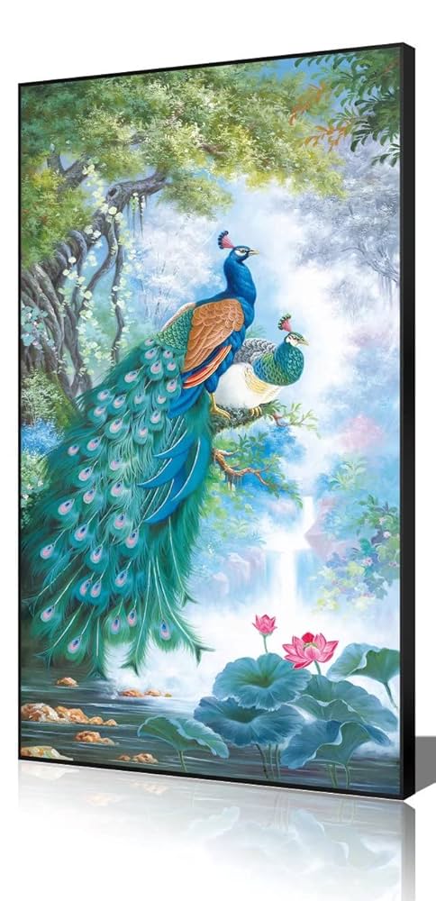 リビングルームの壁画垂直芸術の油絵玄関ホールのポーチ壁 掛け絵画（孔雀の絵） Amazon.co.jp: SHYAMIC 抽象的なカラフルな絵画, 美しい孔雀