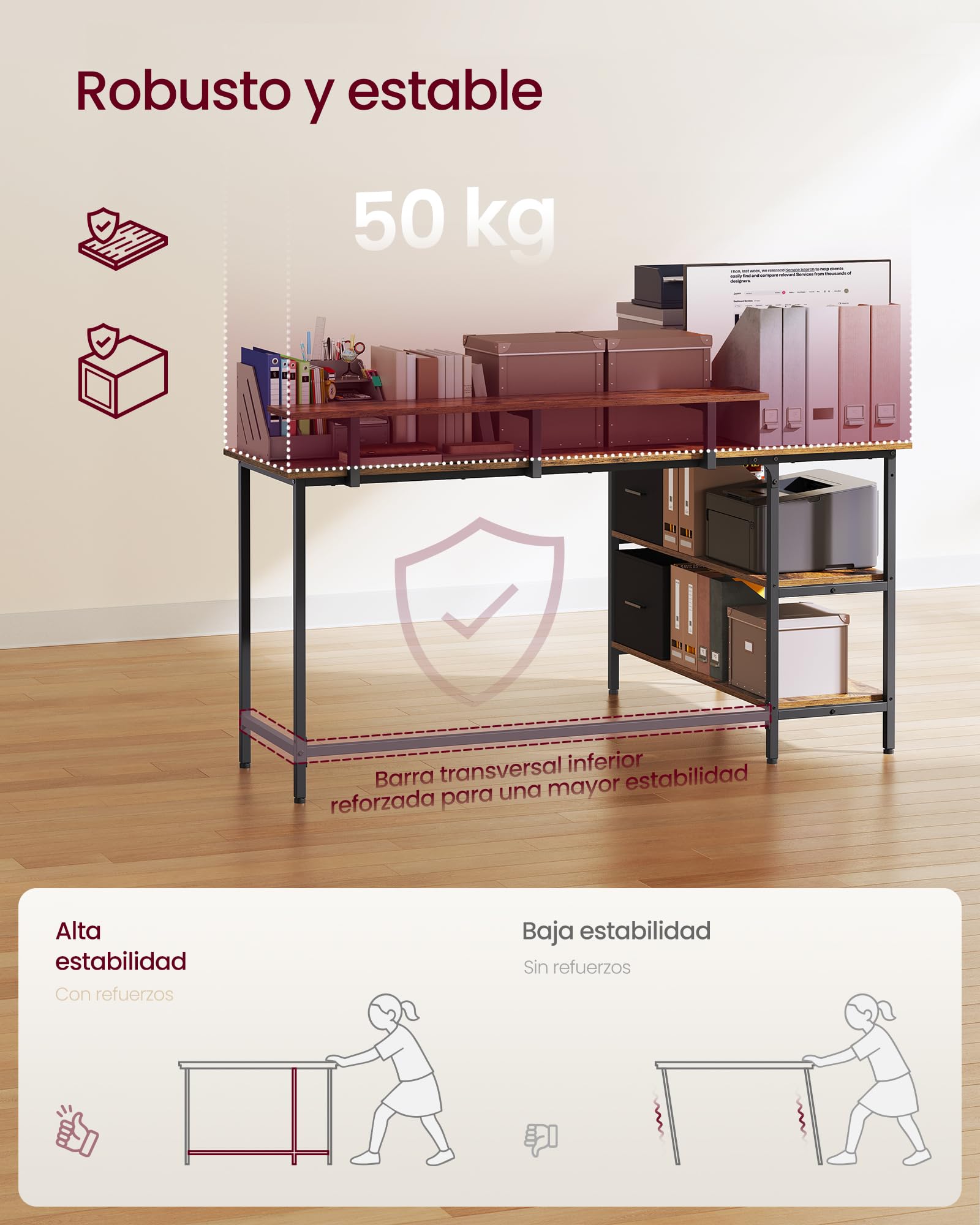 VASAGLE Escritorio en Forma de L, Esquinero, con 2 Amplios Cajones, Mesa con Soporte para Monitor, para Esquina, con Estante Ajustable, para Oficina Casa, 155 x 105 cm, Marrón Rústico LWD129K101