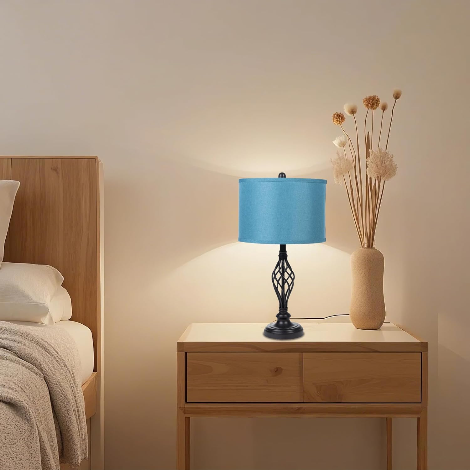 lampshades Set of 2, Drum Lamp Shades Set of 2, Lamp Shades for Table Lamps Easy Assembly Required Lamps Shades Natural Linen Fabric (Blue, 13"x13"x10")