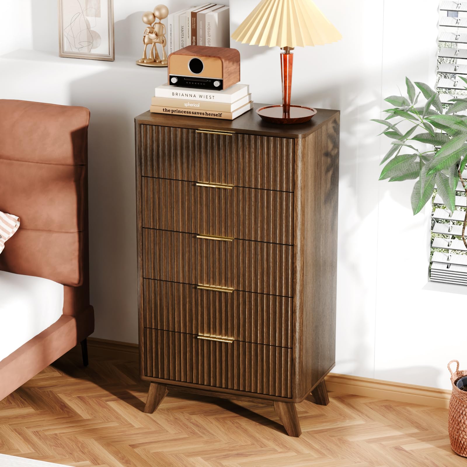 VINGLI Fluted Tall Dresser 5 Drawer, 23.66" W Chest of Drawers, Walnut Wood Dresser for Bedroom Mid Century Modern with Rounded Edge, 23.66" W*15.59"