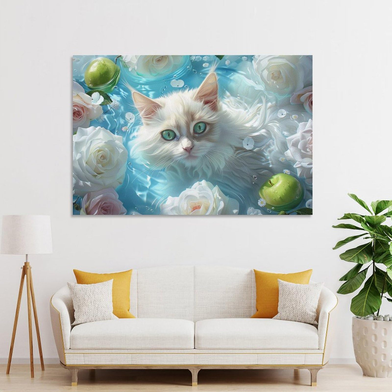 絵画。原画【バラのソファーに座っているかわいい猫ちゃんが好き】