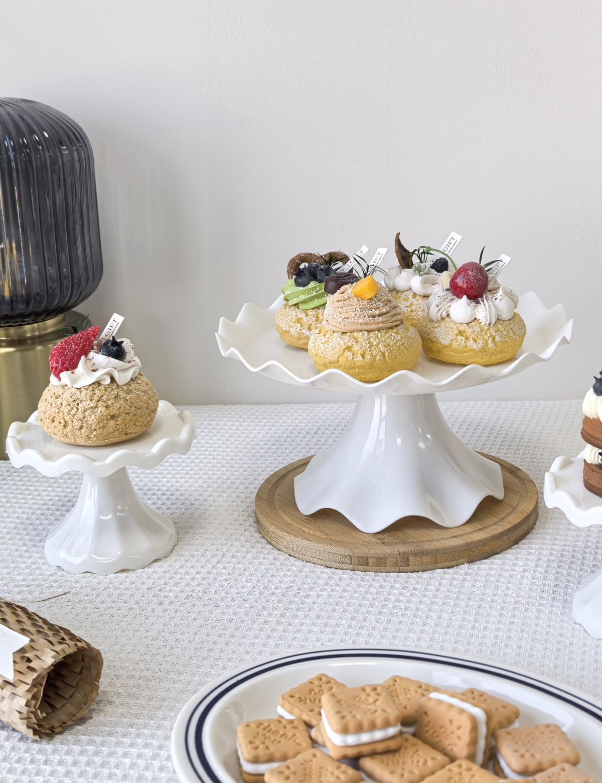 Juego de 3 soportes para tartas, soporte para tartas con cordones, mini soporte para tartas para fiestas, bodas, cumpleaños, celebraciones, baby shower, aniversario (blanco)