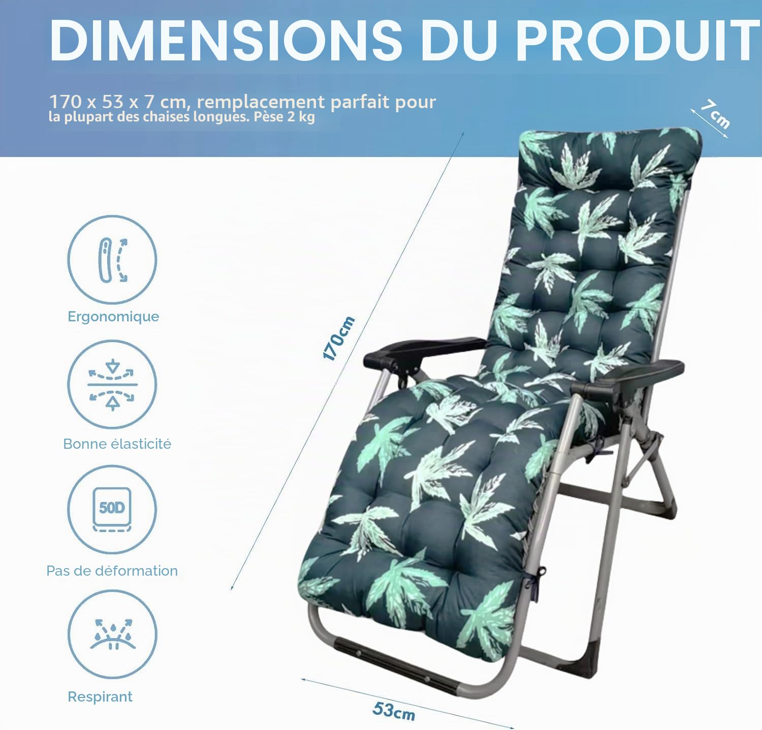 Coussins de Chaise Longue Uniquement, Coussin de Chaise à Bascule avec 6 Attaches et Housse supérieure Fixe antidérapante pour Chaise Longue, Jardin, extérieur, Plage, Porche (Feuille Verte)