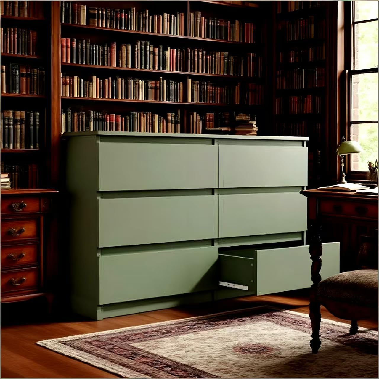 47.2" Minimalist Drawer Dresser with 6 Extra Deep Sliding Drawers, Modern Handle-Free Storage Cabinet with Particle Board & MDF Frame, Modern Chest of Drawers for Bedroom,Living Room,Hallway, Green