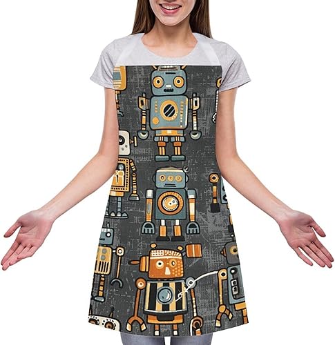 Miniatura 3 de MUSM Apron for Adults - 27.6 X 31.5 Inch, Heavy-Duty Polyester Aprons with Two Large Pockets, Waterproof Retro Style Robot Kitchen Apron for