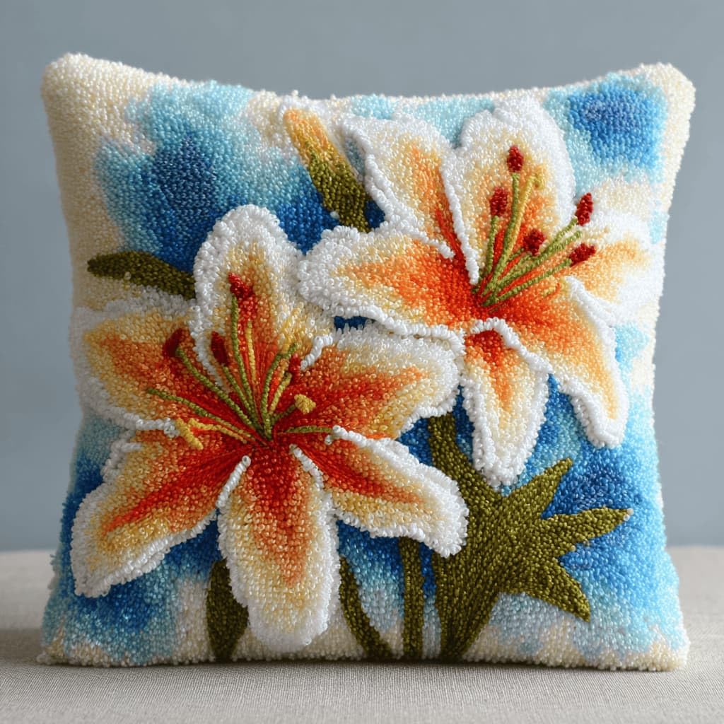 Kitquiver Latch Hook Kits for Adults Lily Rug Cover Pillowcase Beginner DIY Needlework Embroidery Kits Handmade Set Craft Sofa Home Decor 43X43Cm