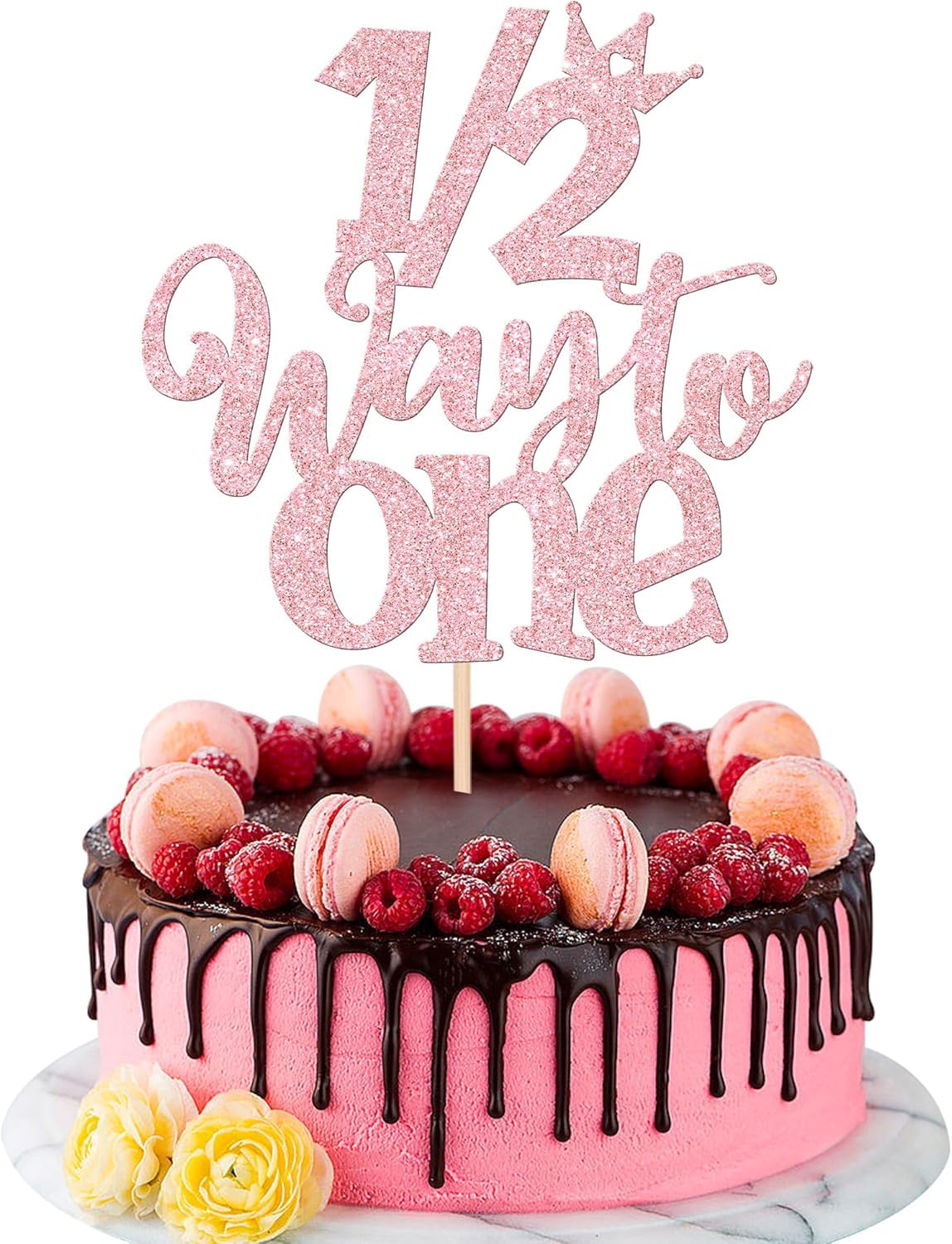 HSC Pink Paper Half Birthday Cake Topper for Baby Girls - 1/2 Way to One Celebration, Happy 6 Months Birthday Party Decorations, Cake Decors for Birthdays and Baby Showers