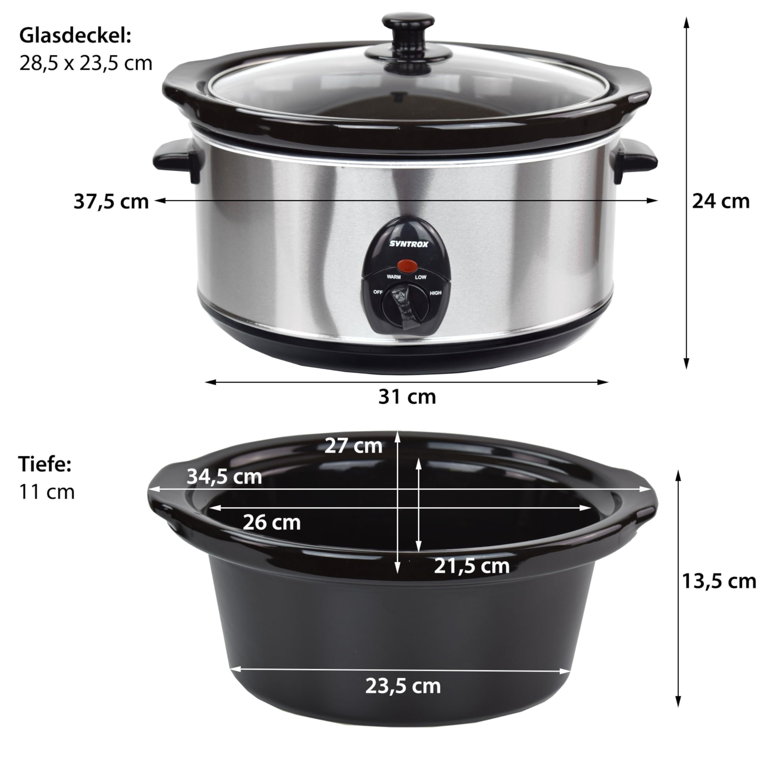 Syntrox 5,6 l Slow Cooker | Schmortopf | Schongarer | Multikocher Delixas, Warmhaltefunktion, Edelstahl, Keramik Servierschüssel, Geschirrspüler geeignet, Mikrowellengeeignet