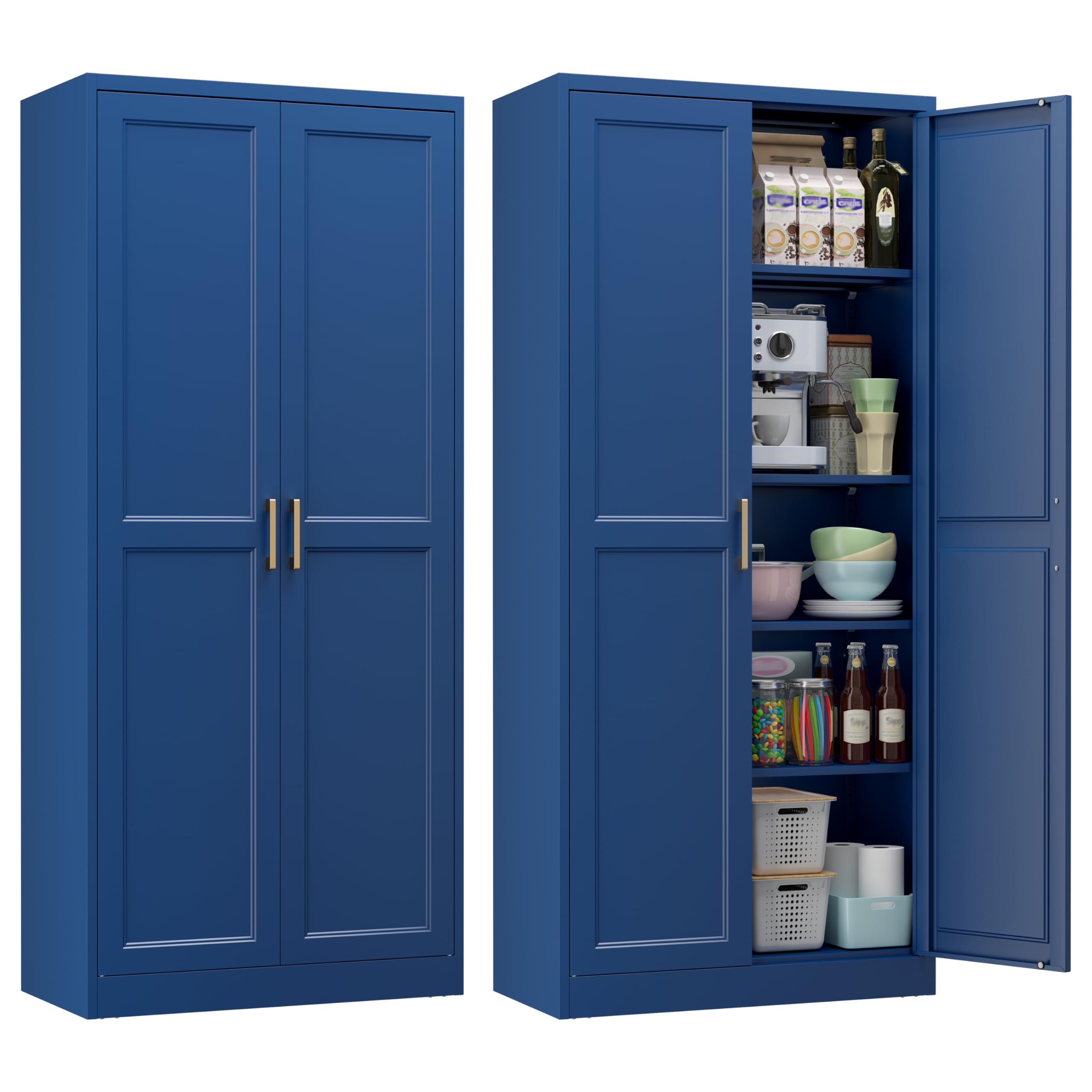 71" tall metal kitchen pantry cabinet, storage cabinet with doors | kitchen cabinet with 4 adjustable shelves, tall food pantry cabinet, blue cupboard for kitchen, dining room, garage & office