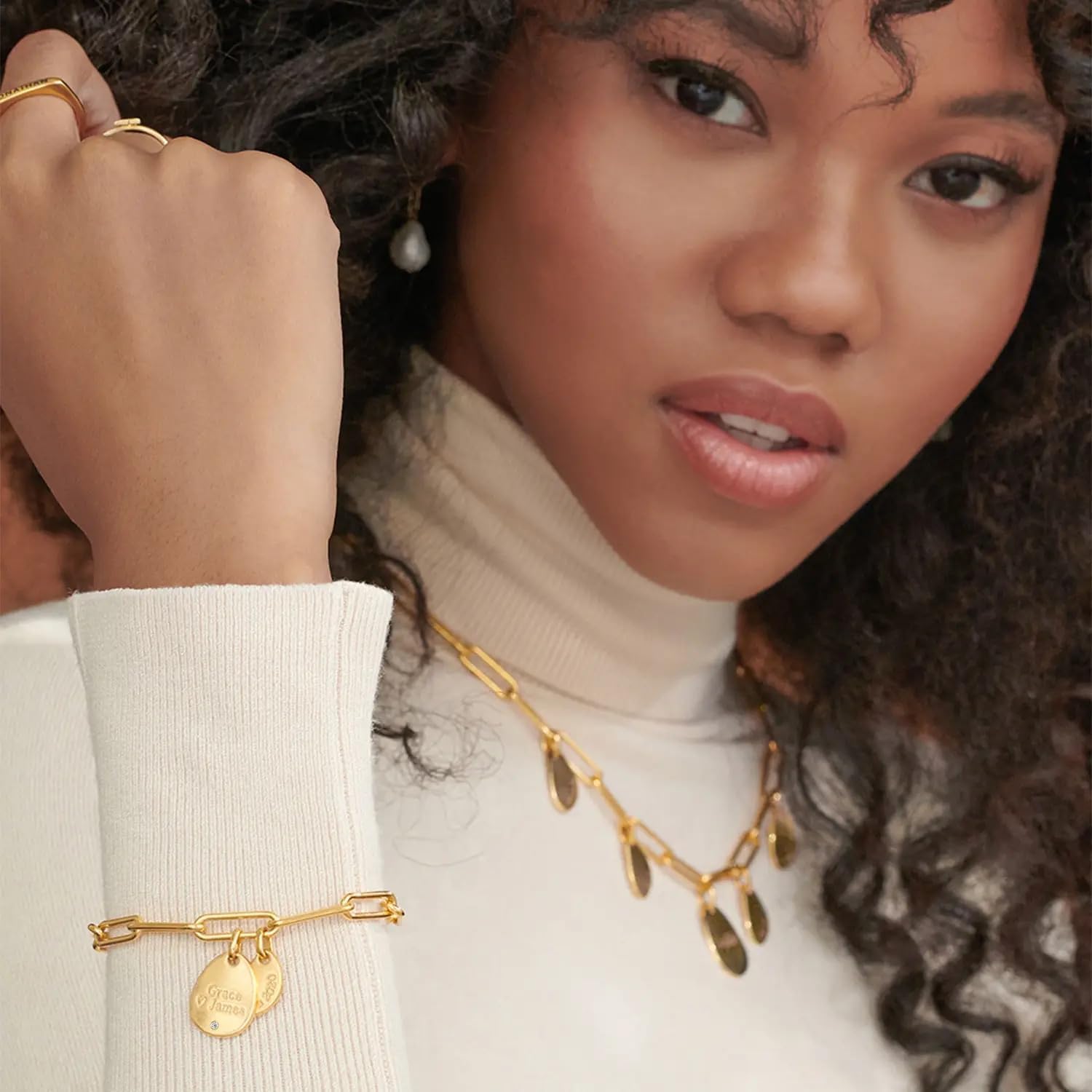 MyNameNecklace Personalized Hazel Paperclip Bracelet with Engraved Charms - Diamond or Birthstone Option - Image 2