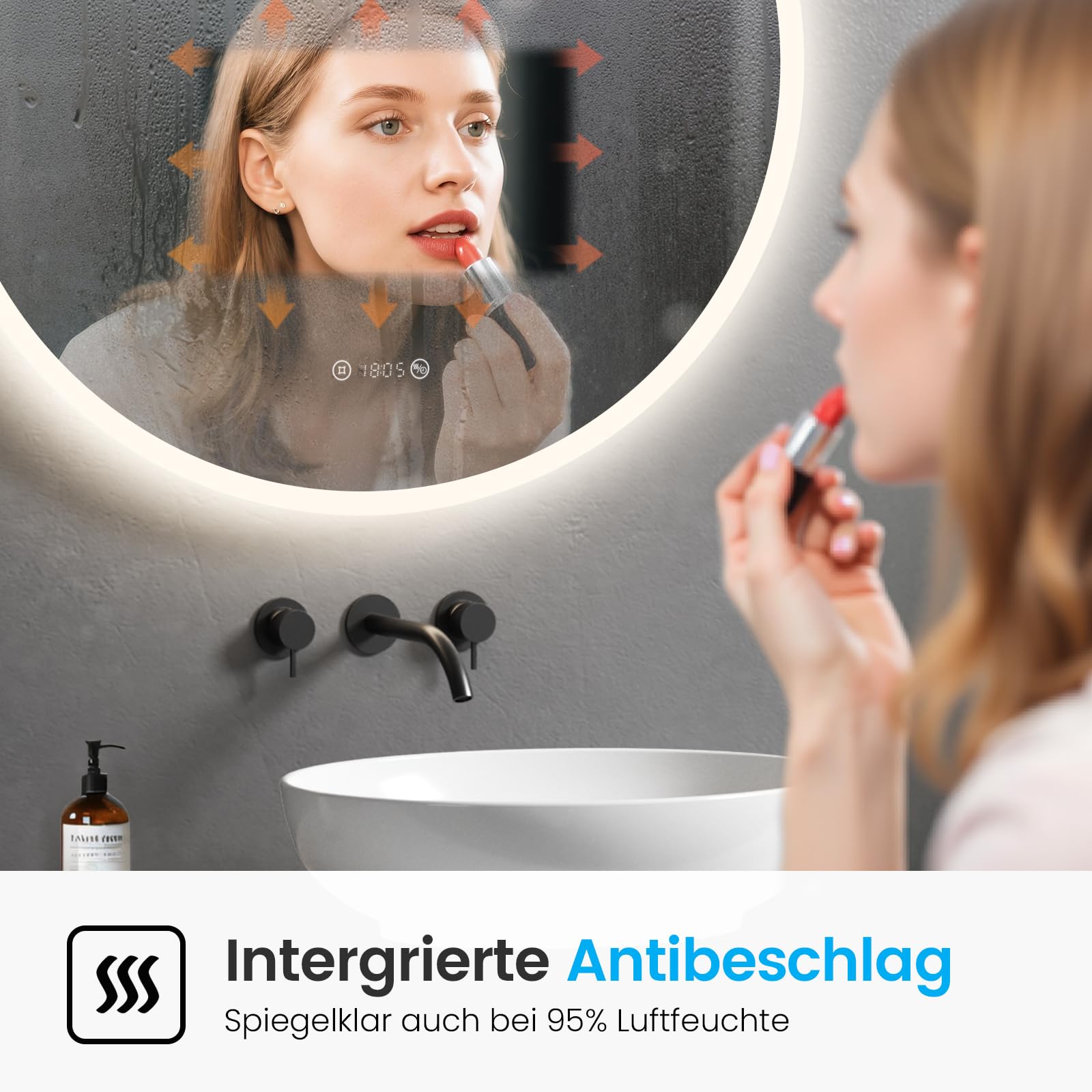 Heilmetz Badspiegel mit Beleuchtung Rund 70cm, LED Badezimmerspiegel mit Uhr, Antibeschlag, Touch, 4300K Warmweiß Licht, Spiegel mit Beleuchtung für Bad