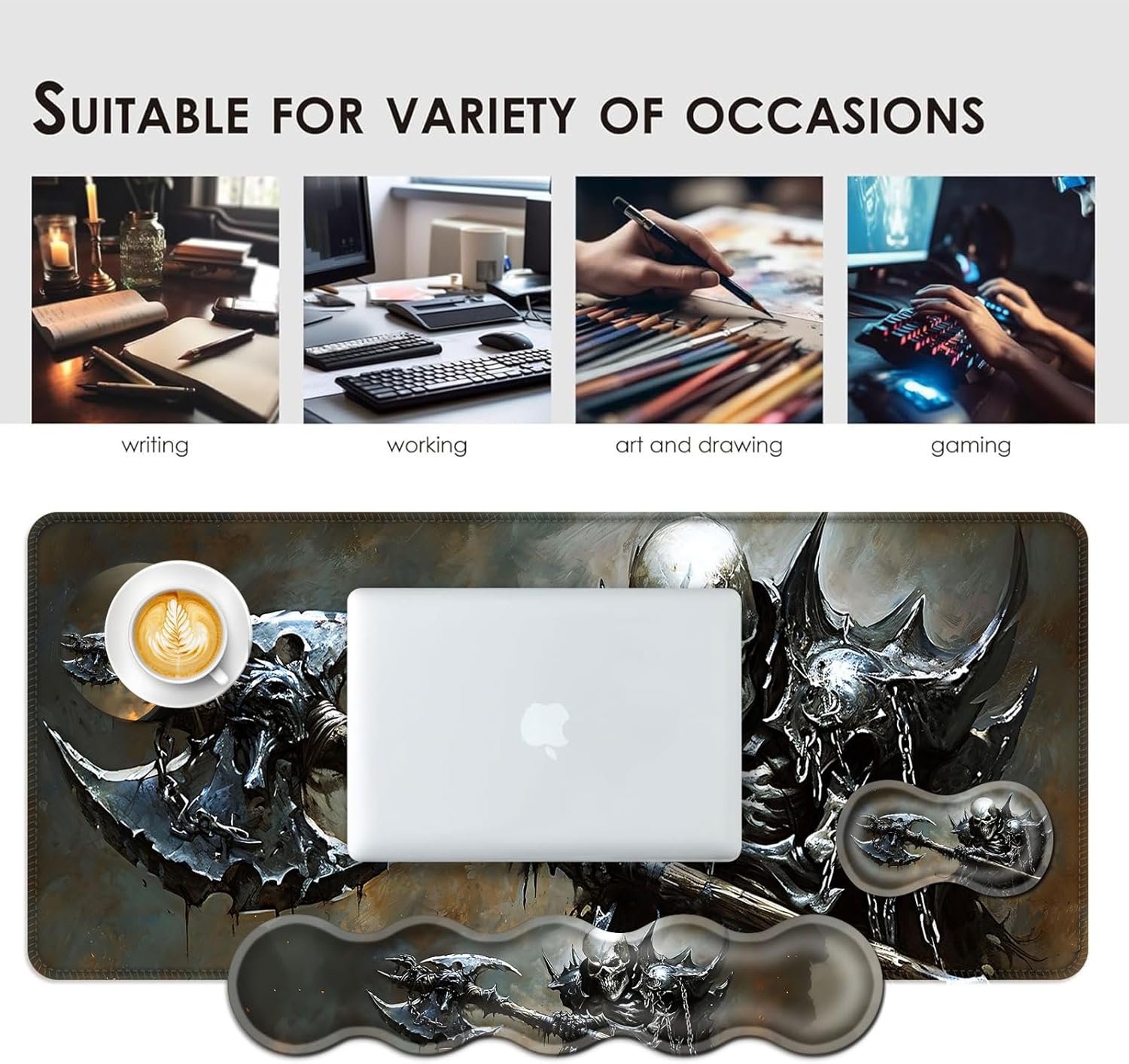 Large Keyboard Mouse Pad Set, Extended Mouse Pad+Keyboard Wrist Rest Support, Memory Foam Ergonomic Easy Typing, 4Pcs (31.5×11.8 in) Desk Pad Set for Office Home,Funny Skeleton