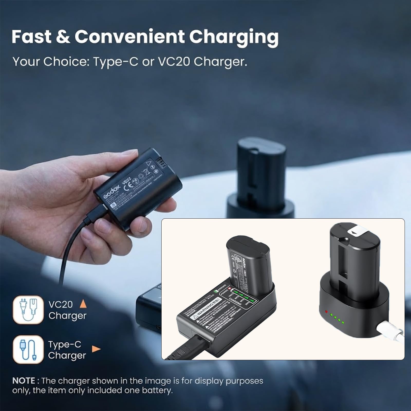 Godox Batterie de rechange VB22 pour V480, 7,2 V 2200 mAh Li-ion pour GODOX V480C / V480S / V480N / V480O / V480F et V350C / V350S / V350N / V350O / V350F Flash d'appareil photo Charge rapide USB-C