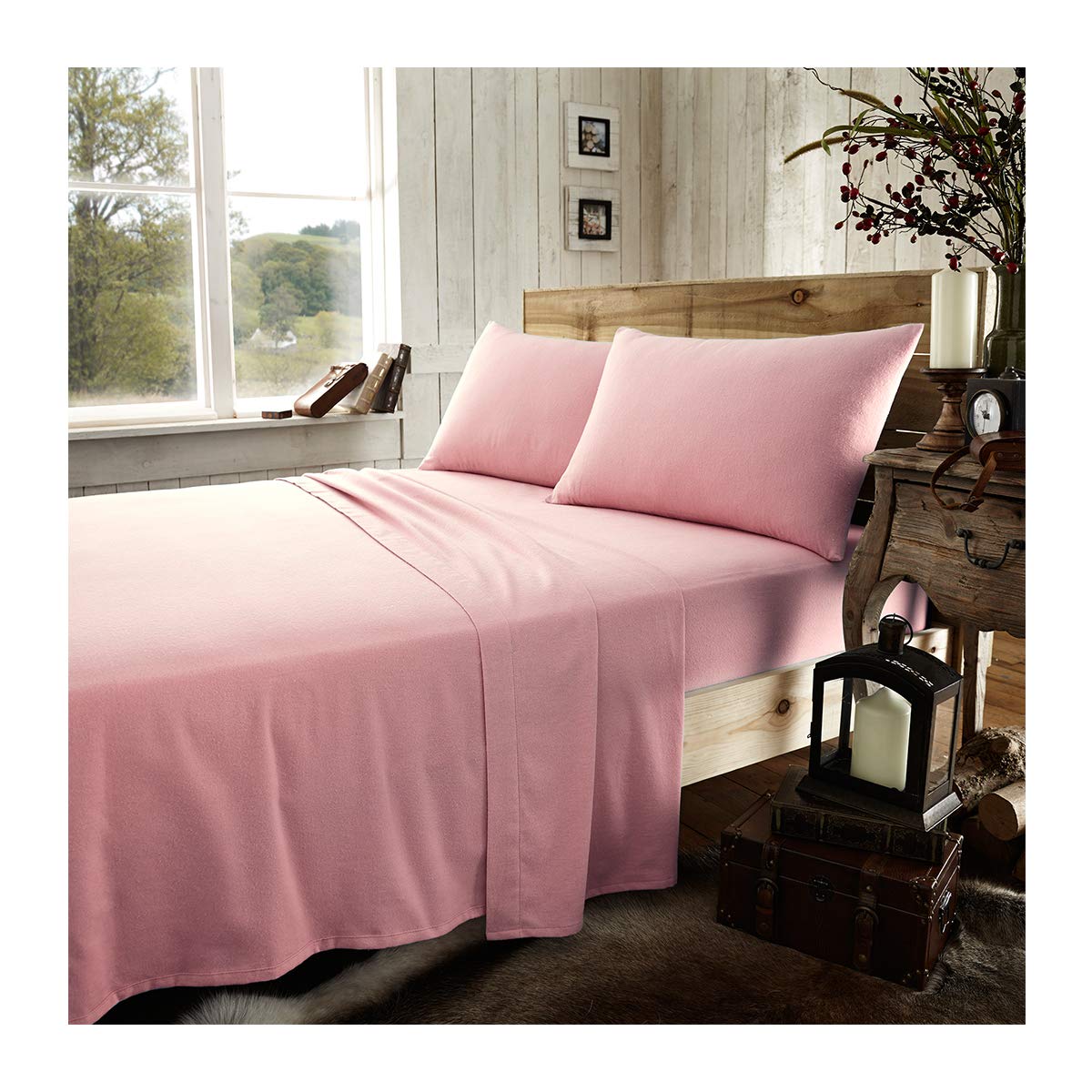 Gaveno Cavailia Luxury Brushed 100% Cotton Plain Dyed Flannel Sheet Set, [ King - Pink ]