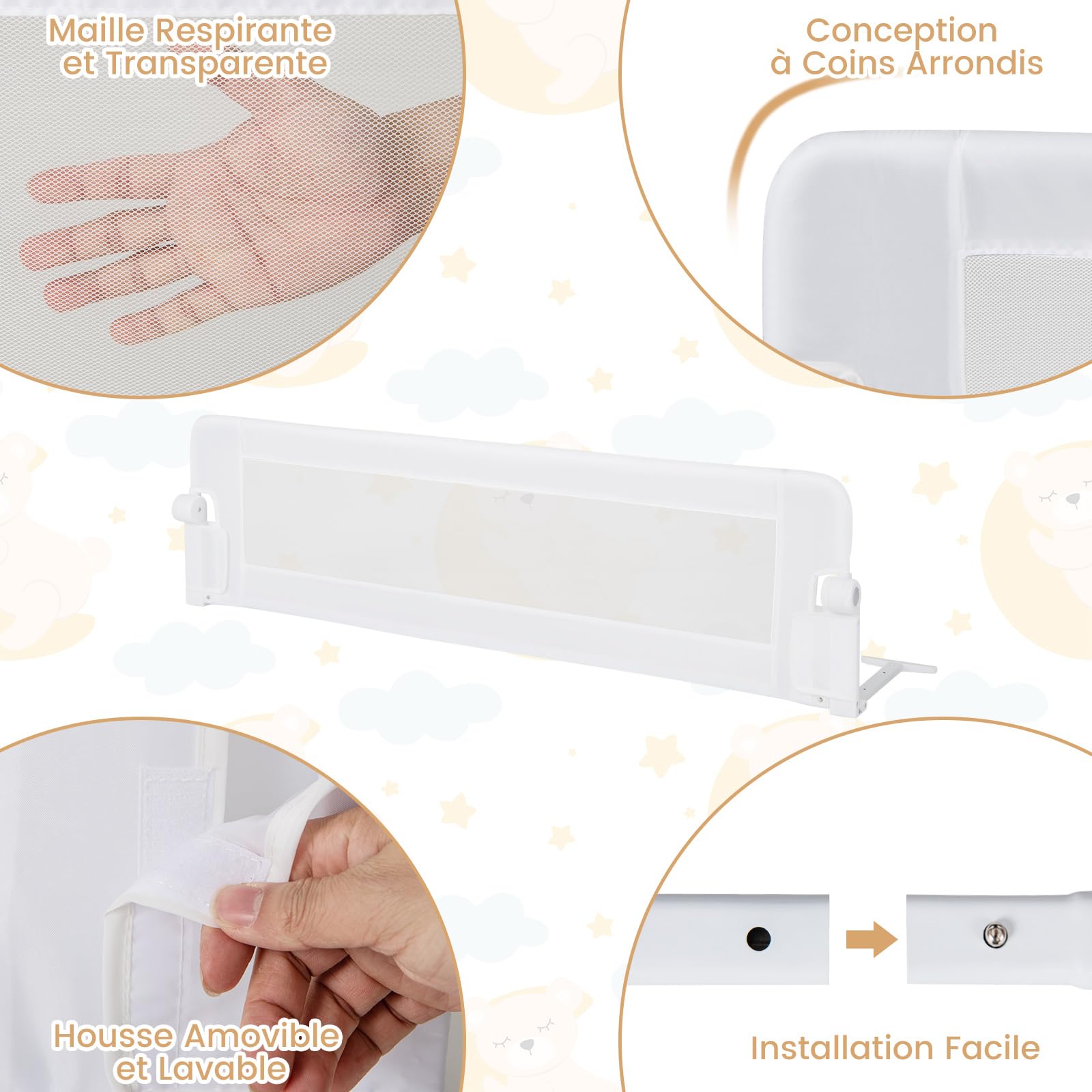 COSTWAY Barrière de Lit Pliable pour Bébé/Enfant Barre de Lit Rabattable avec Mousse Souple, Trous Pré-Percés Barrière de Protection Bébé Chambre à Coucher (Blanc, 152 x 42 cm)