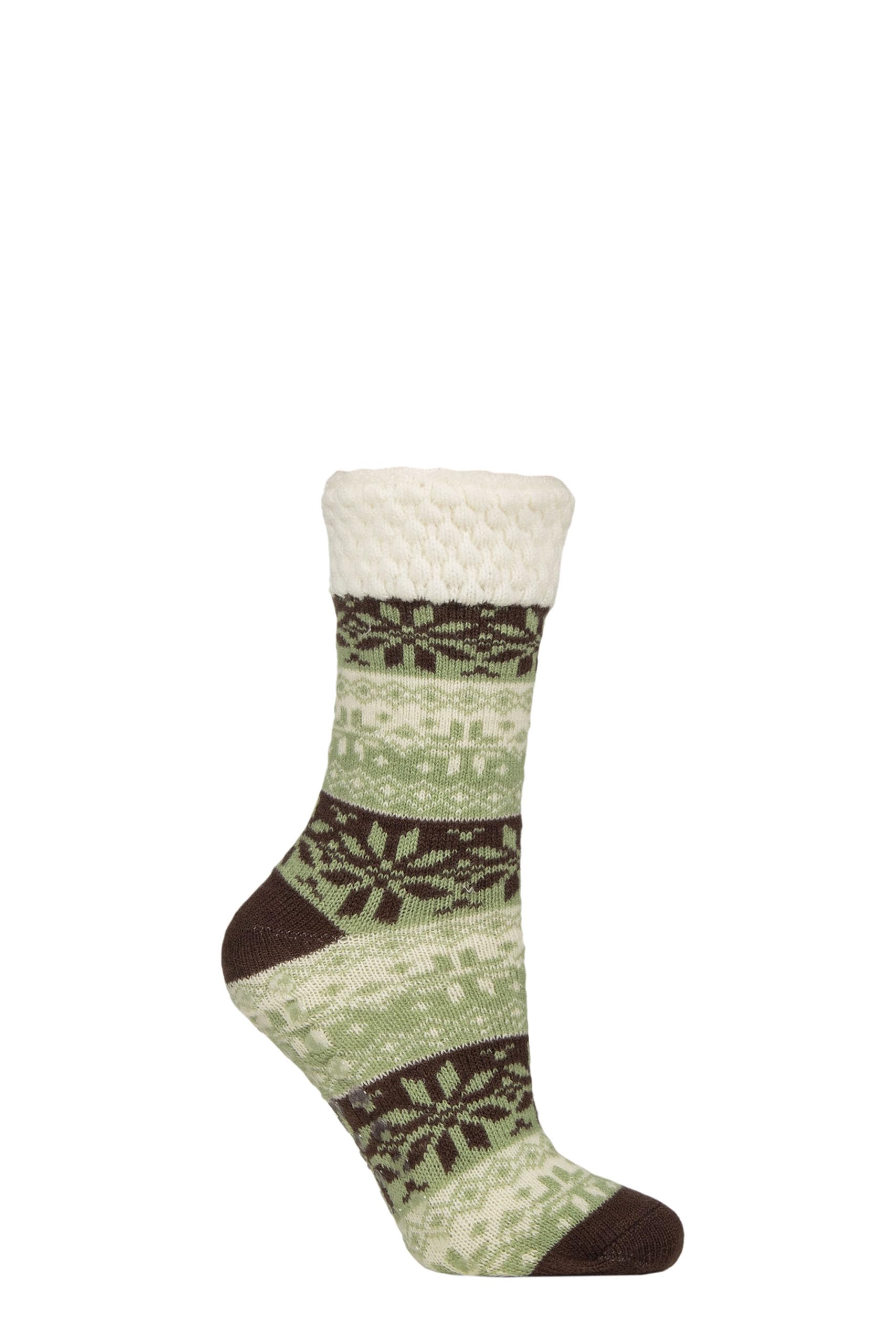 Elle Women's Green 1 Pair Feather-Lined Fairisle Home Socks In | Size: 4/8