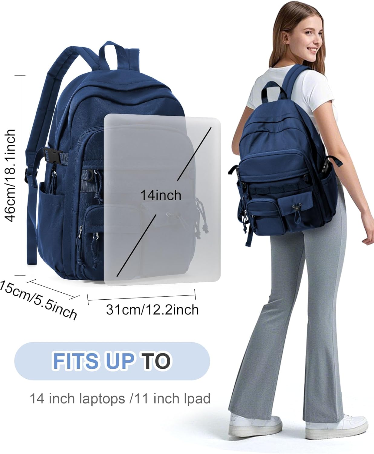 Aesthetic School Backpack for Women Men College Backpack With Lots Of Pockets Waterproof Travel Casual Daypack Cute Bookbag For Teens Girls Boys High School Bag(Blue) - Image 2