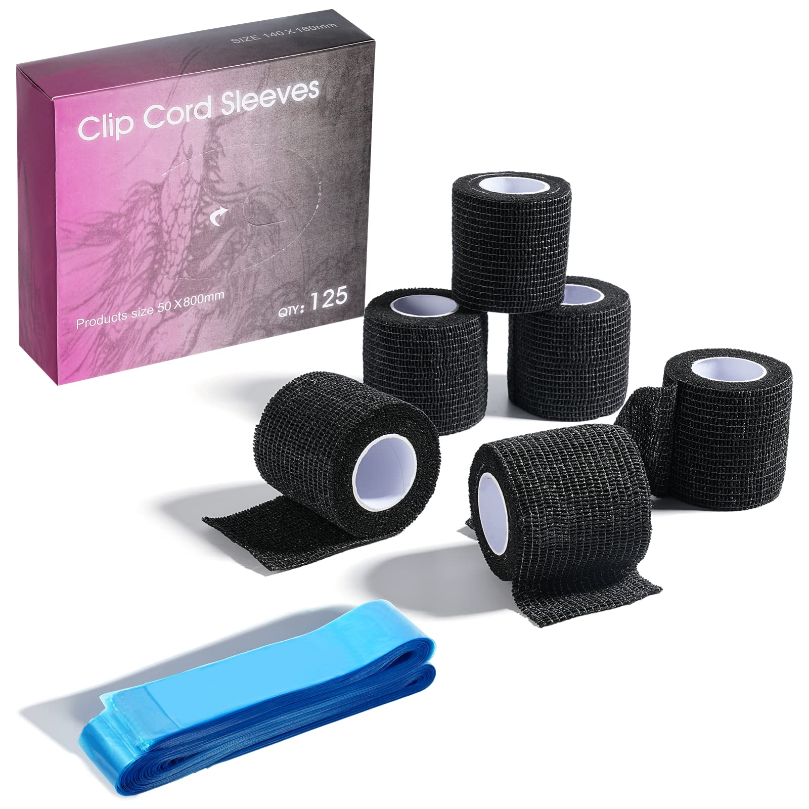 Clip Cord Covers with Grip Tape Wraps, 125PCS Disposable Tattoo Clip Cord Sleeves and 6PCS Self Adhesive Bandage Wraps, Cartridge Clip Cord Covers, Elastic Grip Tape Wraps, Tattoo Supplies