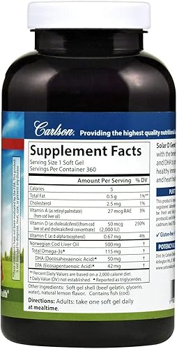 Miniatura 3 de Carlson - Gemas solares D, suplemento de vitamina D3 y Omega-3, 2000 UI de vitamina D3, 115 mg de omega-3 EPA y DHA, cápsula de aceite de pescado de