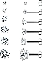 6 Pairs Hypoallergenic Cubic Zirconia Stud Earrings Surgical Steel Flat Back Screw Back for Cartilage Sensitive Ears