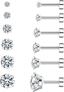 6 Pairs Hypoallergenic Cubic Zirconia Stud Earrings Surgical Steel Flat Back Screw Back for Cartilage Sensitive Ears