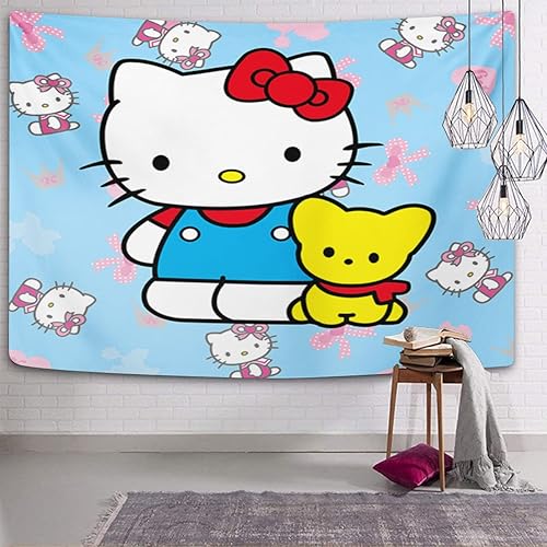 Miniatura 6 de Tapiz de anime Hello Kawaii de 50 x 60 pulgadas, decoración del hogar, un lindo gato y un perro amarillo, decoración de pared azul para dormitorio,