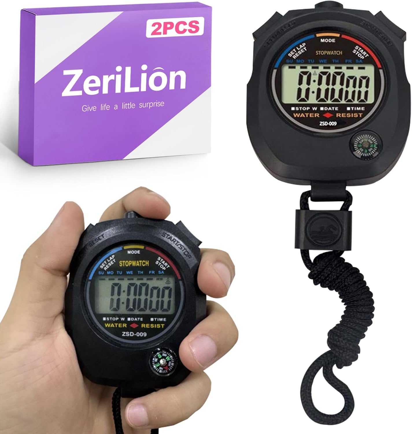 2 Pack Handheld Stopwatch for Coaches and Referees, Large Clear Display, Time & Date Function, Sports Timekeeper for Training and Athletes