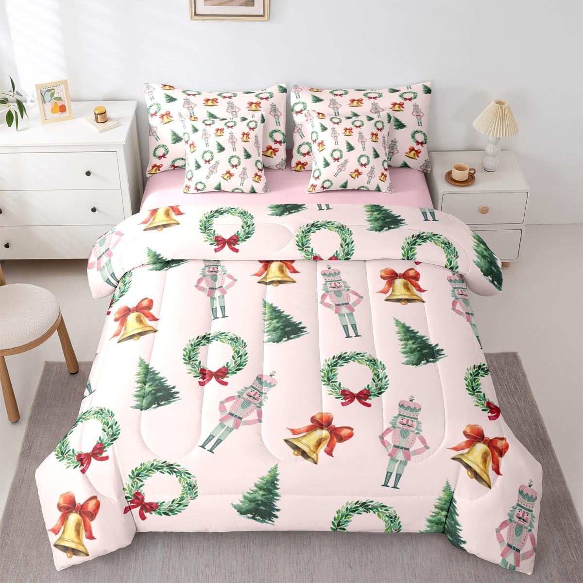 Feelyou Merry Christmas Queen Comforter Set with Sheets for Kids Boys Girls Nutcracker 7 Pieces Bedding Set Xmas Tree Bed in a Bag Pink Room Decor Soft Lightweight Microfiber