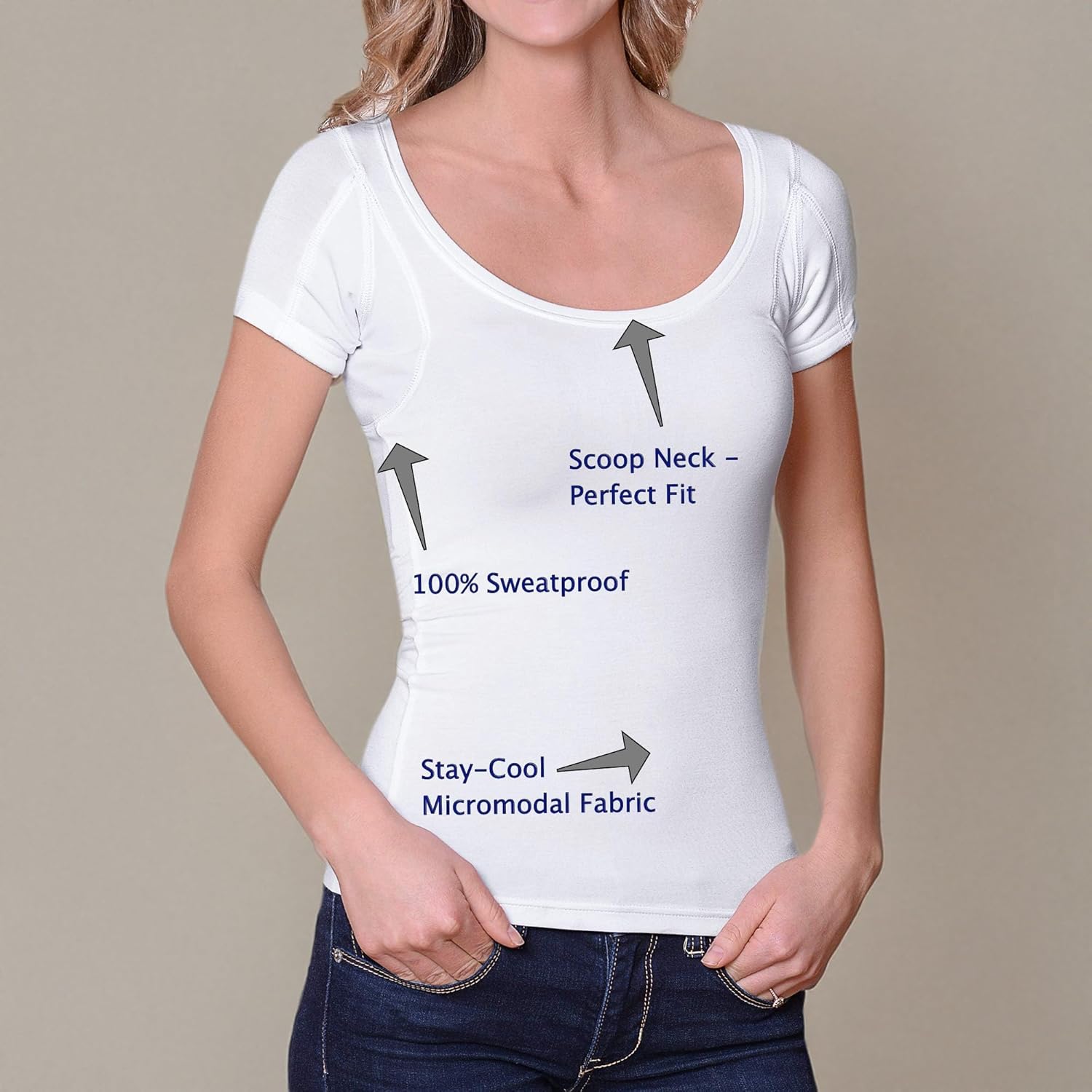 Sweatproof Undershirt for Women, Scoop Neck, White, Armpit Sweat Pads, Stops Underarm Sweat, Sweat Proof Undergarment - Image 8