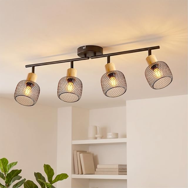 ANWIO Lámpara de Techo 4 Focos Orientables E14, Lampara Cocina Techo, Focos Led Interior Techo Negro, Moderno Plafón LED Para Interiores Giratorio para Dormitorio Cocina Pasillo Comedor,Sin Bombilla
