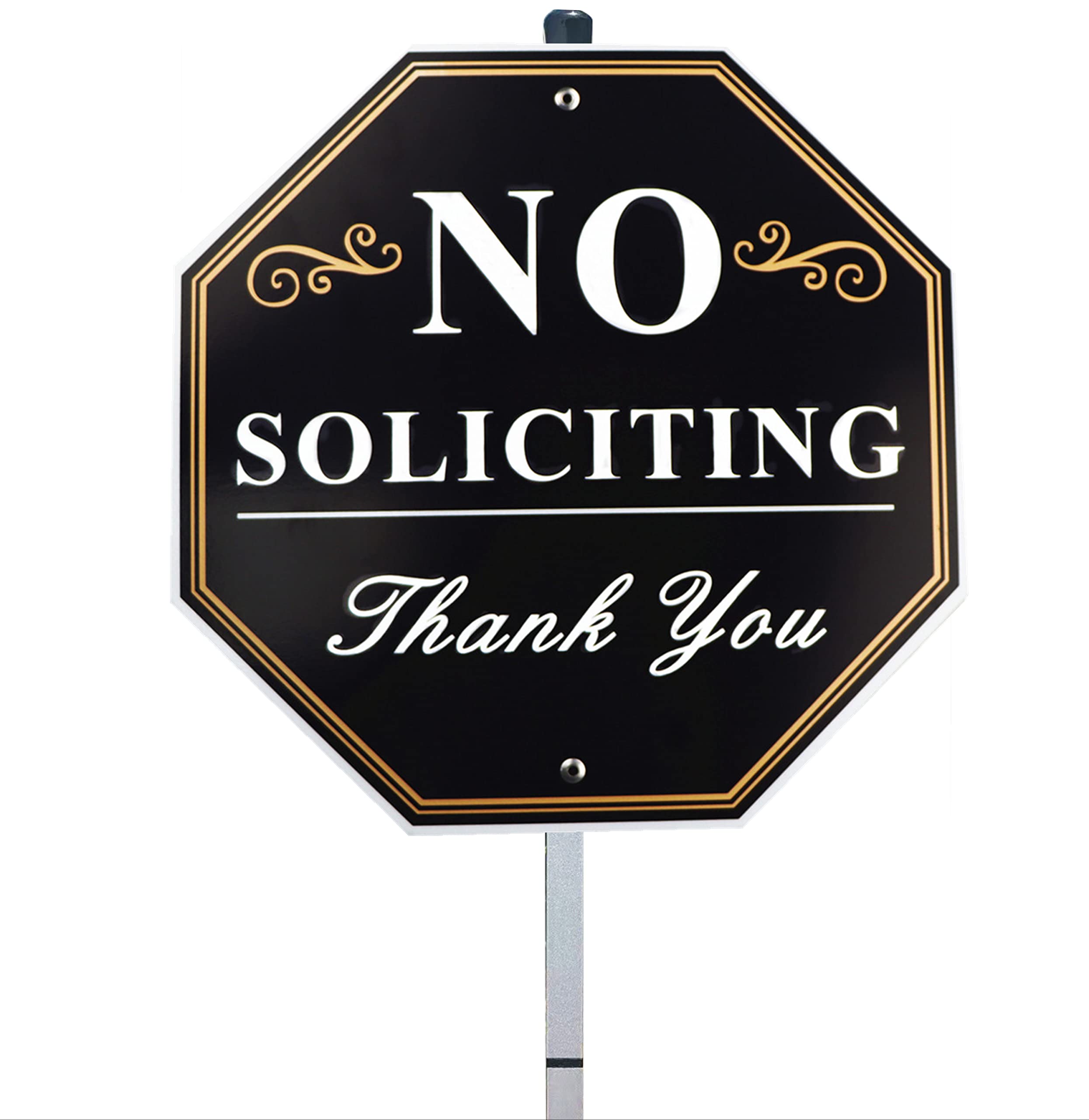 No Soliciting Sign for Yard with 28 Inches Long Stake, 10 x 10 Inches No Soliciting Thank You Sign with Post, No Solicitors Sign Aluminum Yard Sign Outdoor for House Lawn Business (Black)
