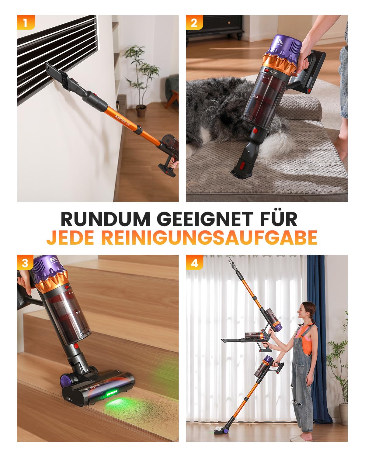 AlloyMove Akku Staubsauger, 50000Pa/550W/80Mins Staubsauger Kabellos mit LED Display und Anti Tangle Bürste, 7-stufiges Filtersystem, Für Tierhaare Hartböden Teppich A05